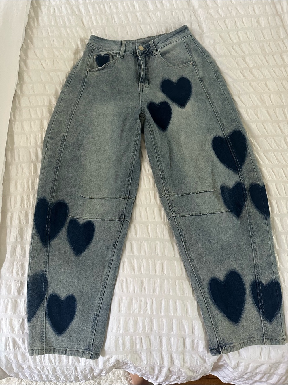 Women’s Barrel Denim Jeans with Navy Heart Patches